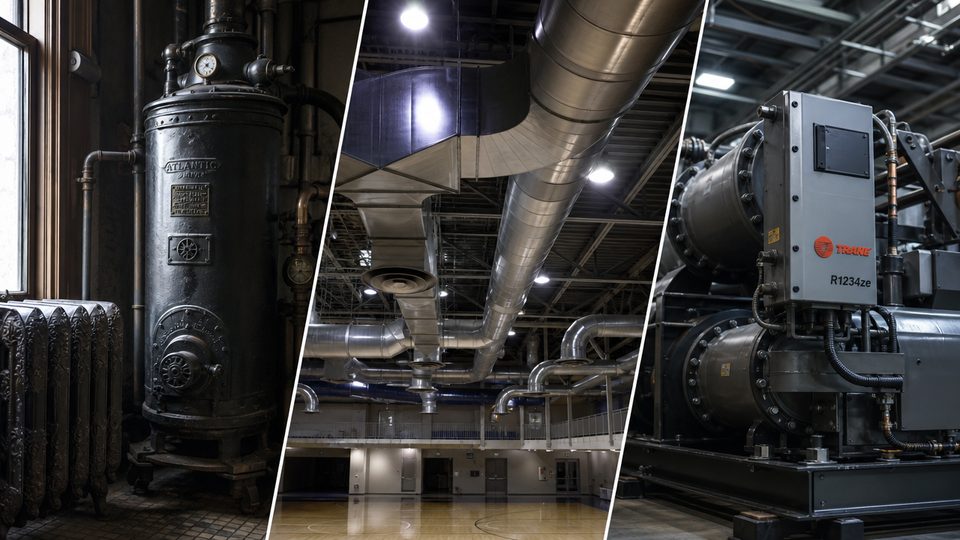 Collage de los tres tipos de climatización centralizada: agua, aire y fluido refrigerante